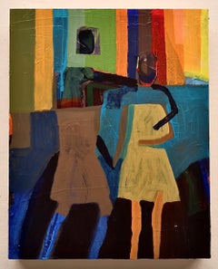 "Sisters", Abstract, Figures, Geometric, Blue, Red, Collage, Acrylic Painting