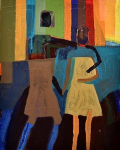 "Sisters", Abstract, Figures, Geometric, Blue, Red, Collage, Acrylic Painting
