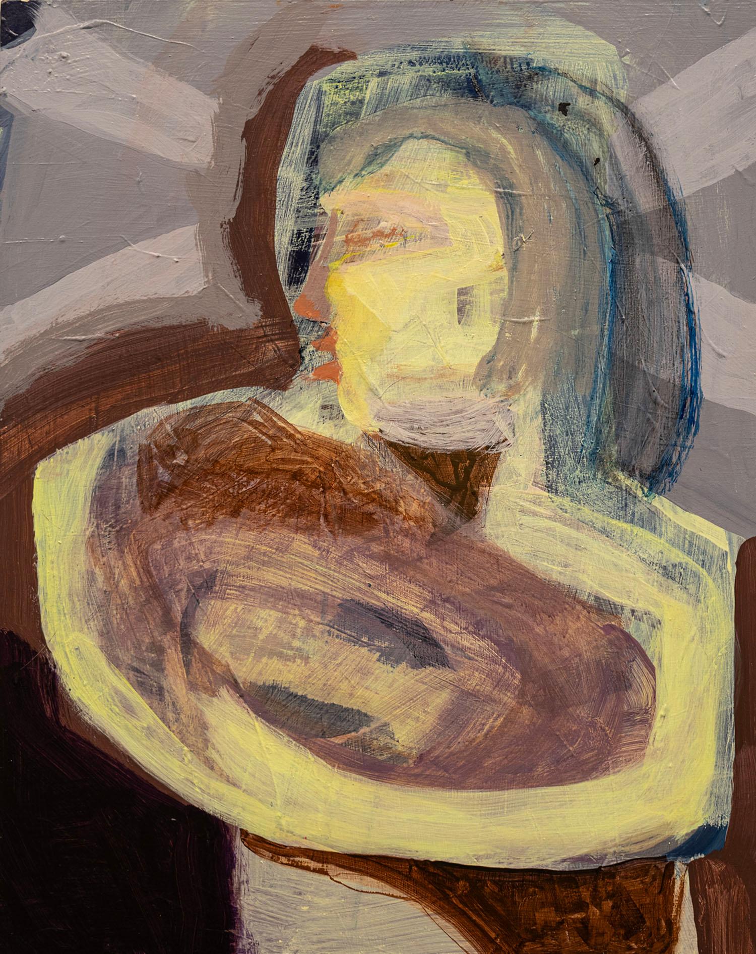 Anne Johnstone Figurative Painting - "Woman with Bundle, Looking Over Her Shoulder", Abstract Acrylic Painting