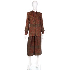 Anne Klein 1970s 3 Pc Blouse & Silk Jacket & Skirt Burgundy Paisley Print Outfit