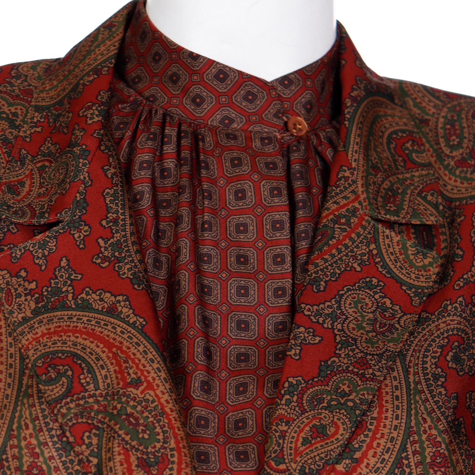 Anne Klein 1970s 3 Pc Blouse & Silk Jacket & Skirt Burgundy Paisley Print Outfit For Sale 3