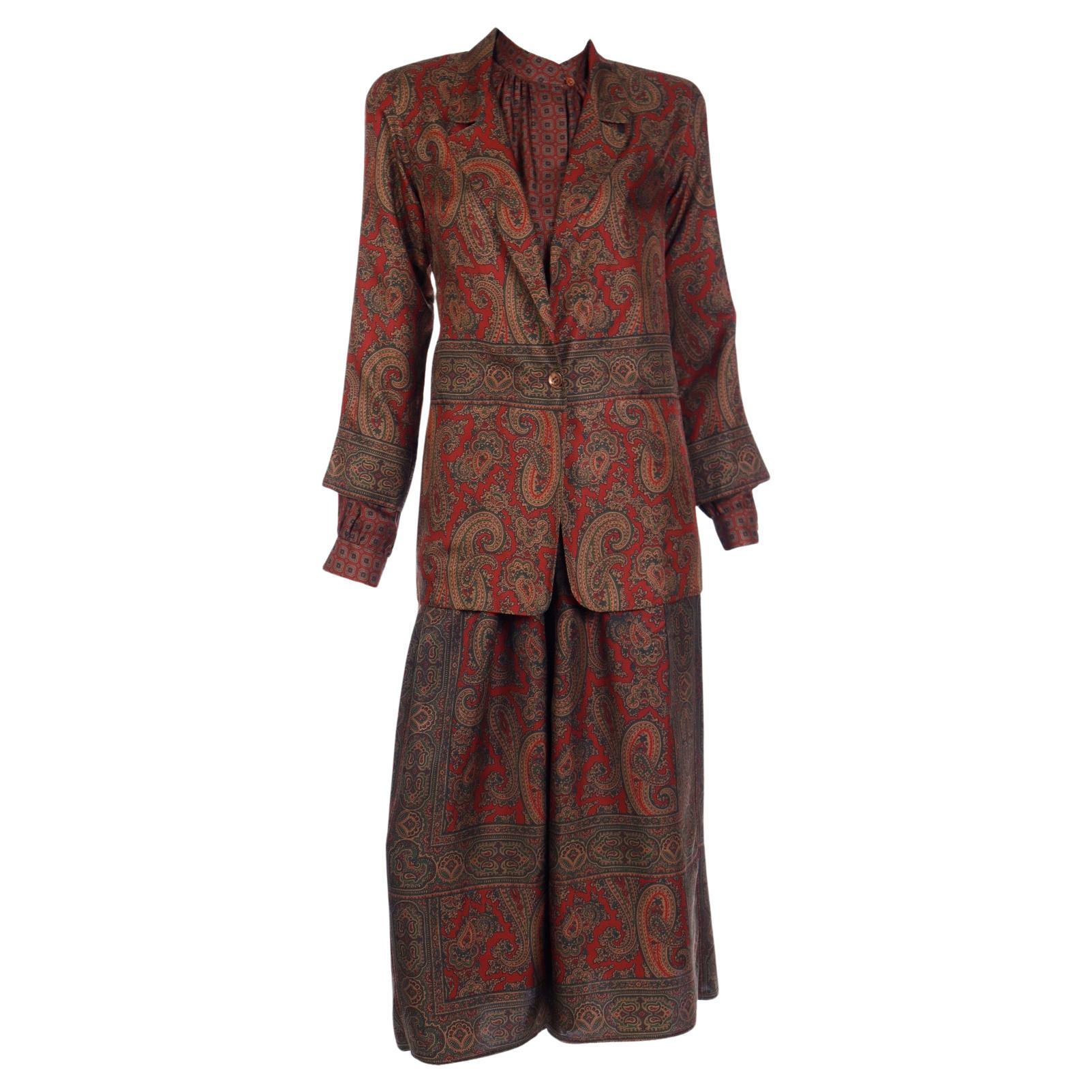 Anne Klein 1970s 3 Pc Blouse & Silk Jacket & Skirt Burgundy Paisley Print Outfit For Sale