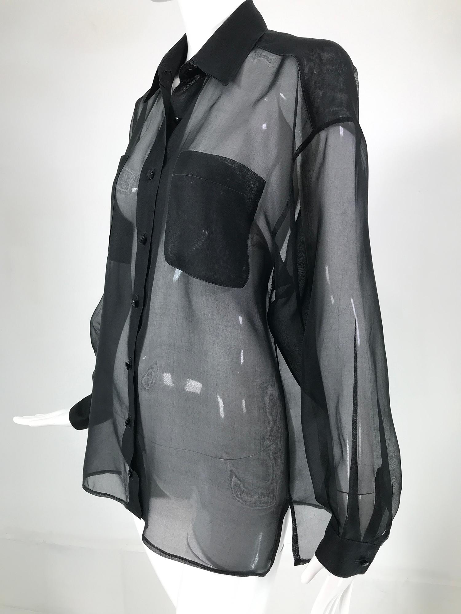 Anne Klein Black Silk Organza Double Pocket Long Sleeve Blouse 1970s For Sale 5