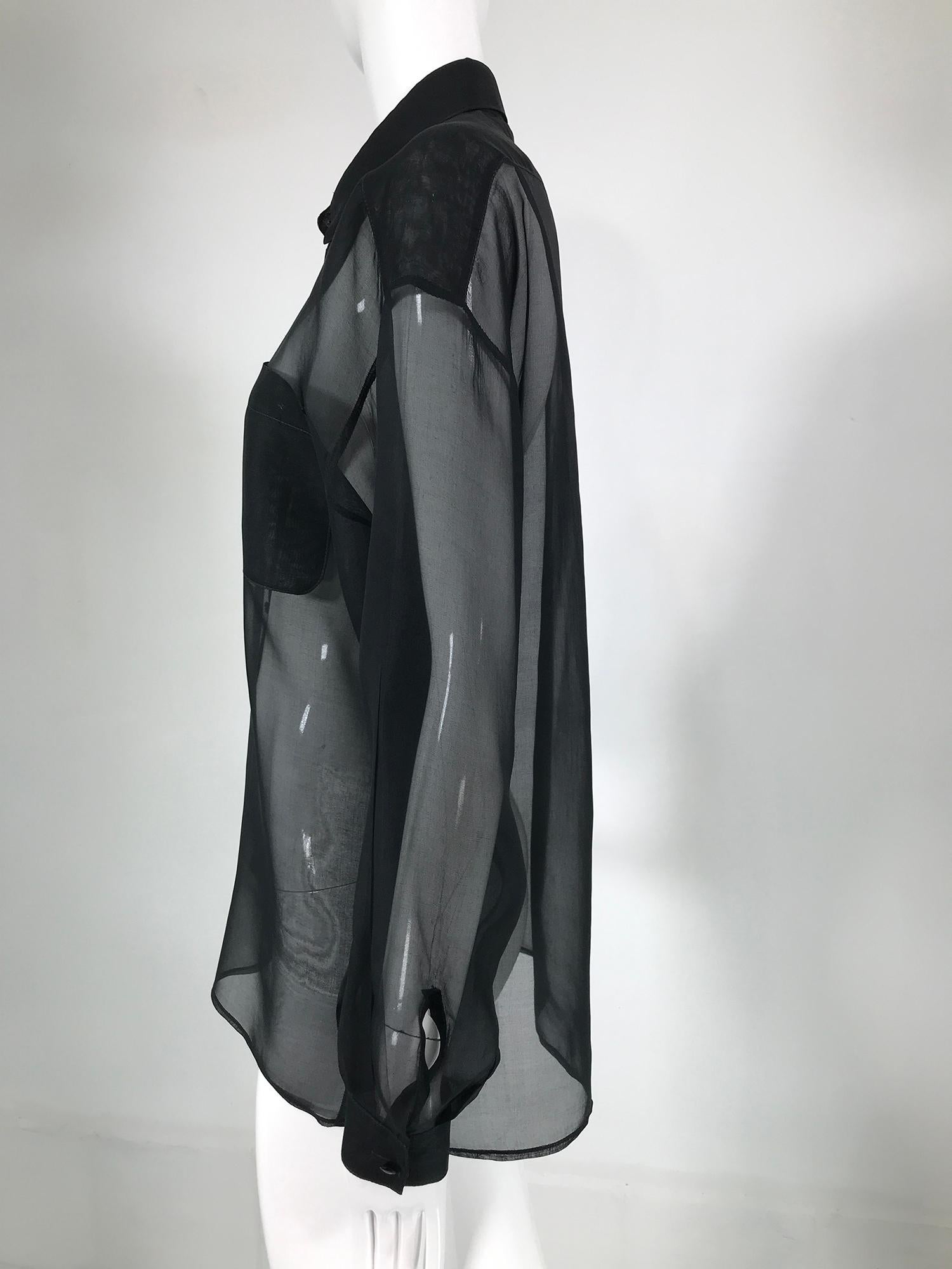 Anne Klein Black Silk Organza Double Pocket Long Sleeve Blouse 1970s For Sale 6