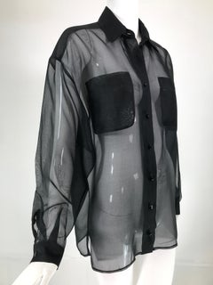 Anne Klein Black Silk Organza Double Pocket Long Sleeve Blouse 1970s