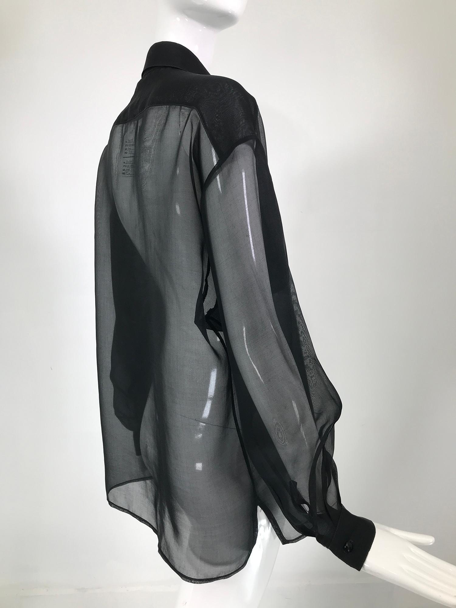 Women's Anne Klein Black Silk Organza Double Pocket Long Sleeve Blouse 1970s For Sale