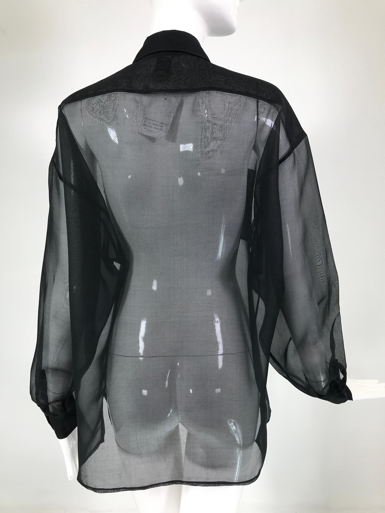 Anne Klein Black Silk Organza Double Pocket Long Sleeve Blouse 1970s For Sale 1