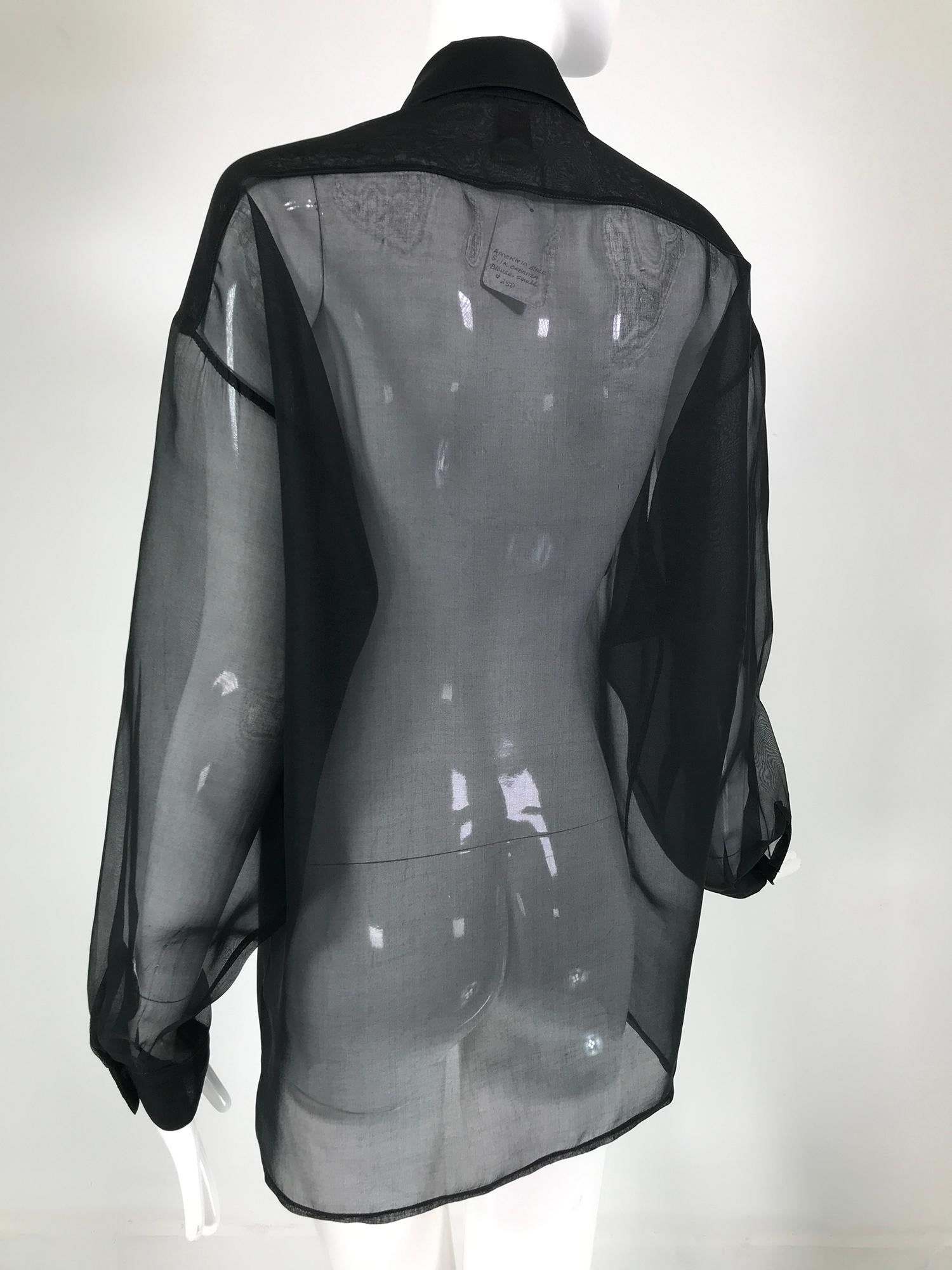 Anne Klein Black Silk Organza Double Pocket Long Sleeve Blouse 1970s For Sale 2