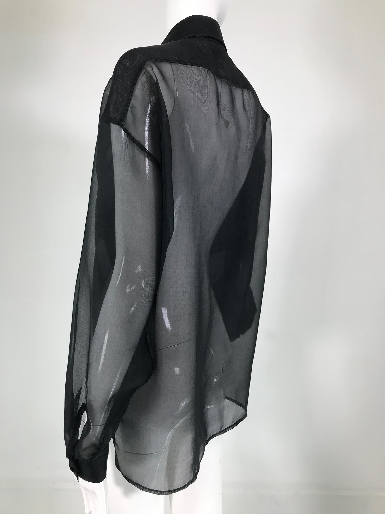 Anne Klein Black Silk Organza Double Pocket Long Sleeve Blouse 1970s For Sale 3