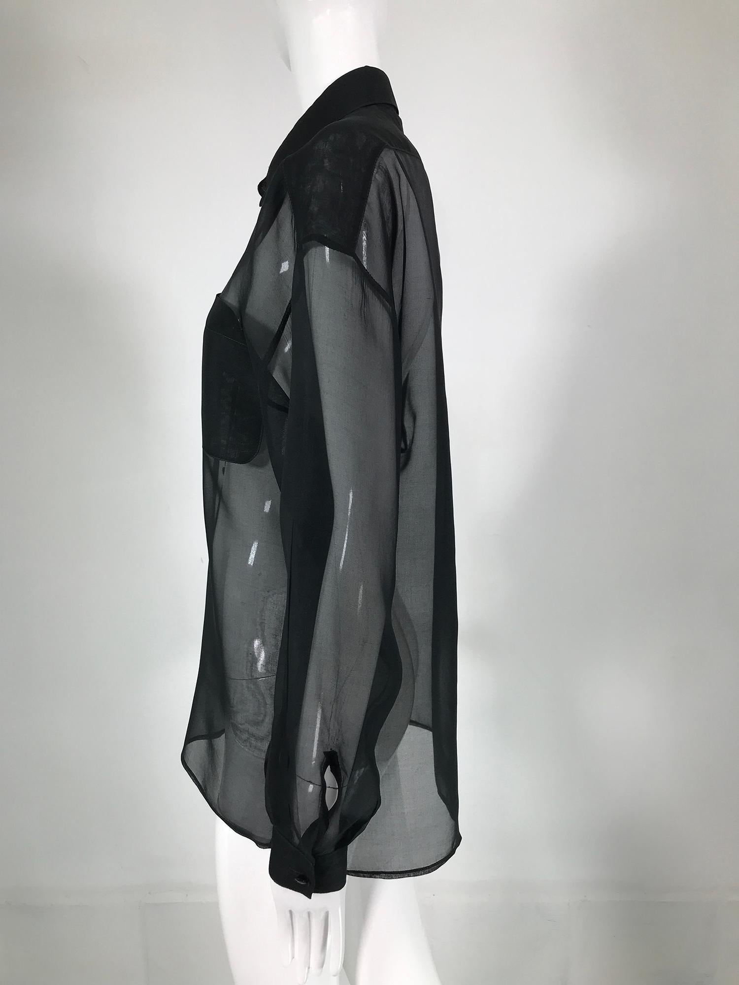 Anne Klein Black Silk Organza Double Pocket Long Sleeve Blouse 1970s For Sale 4
