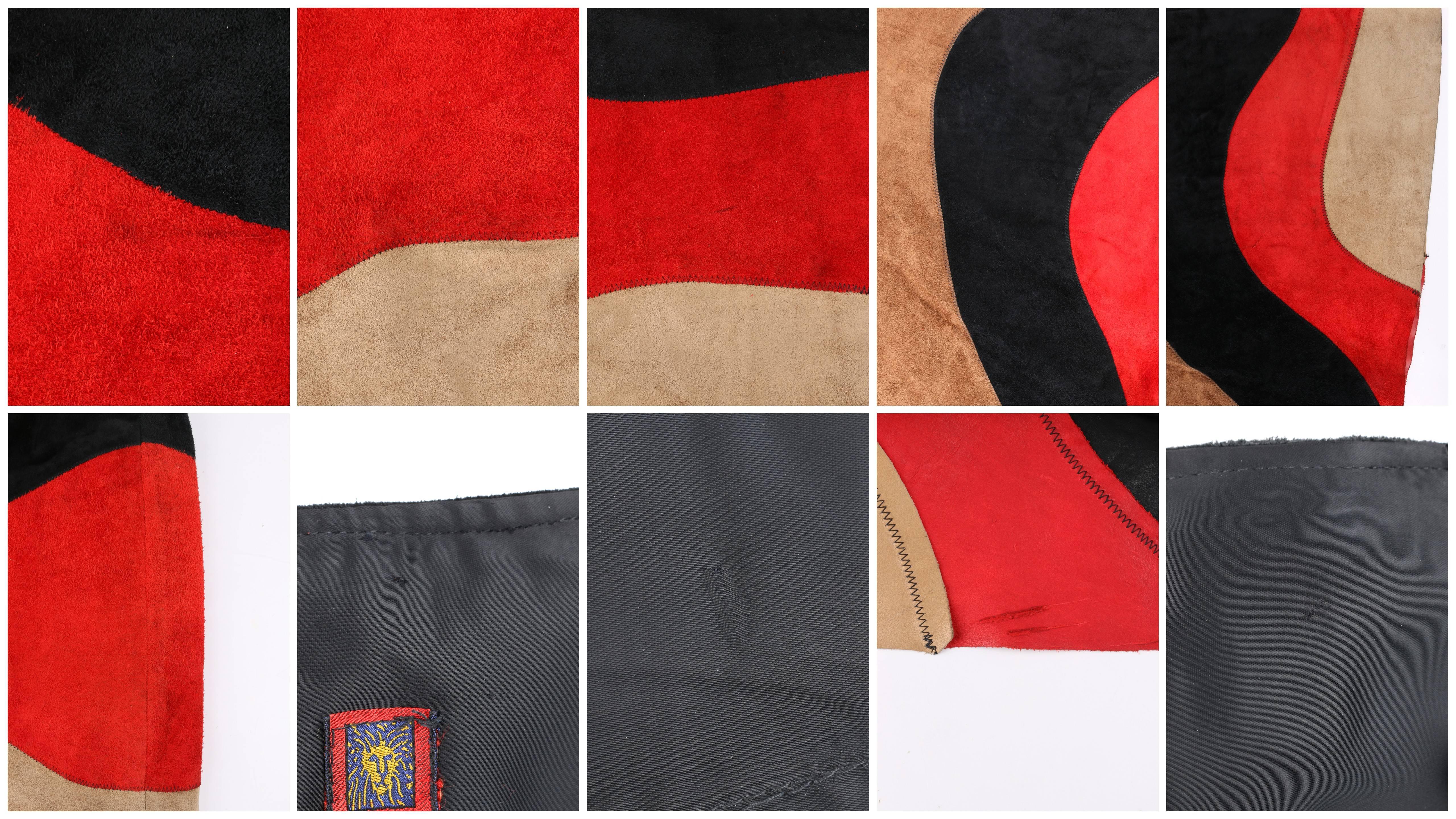 Women's ANNE KLEIN c.1970's Red Black Brown Colorblock Suede Leather A-Line Skirt