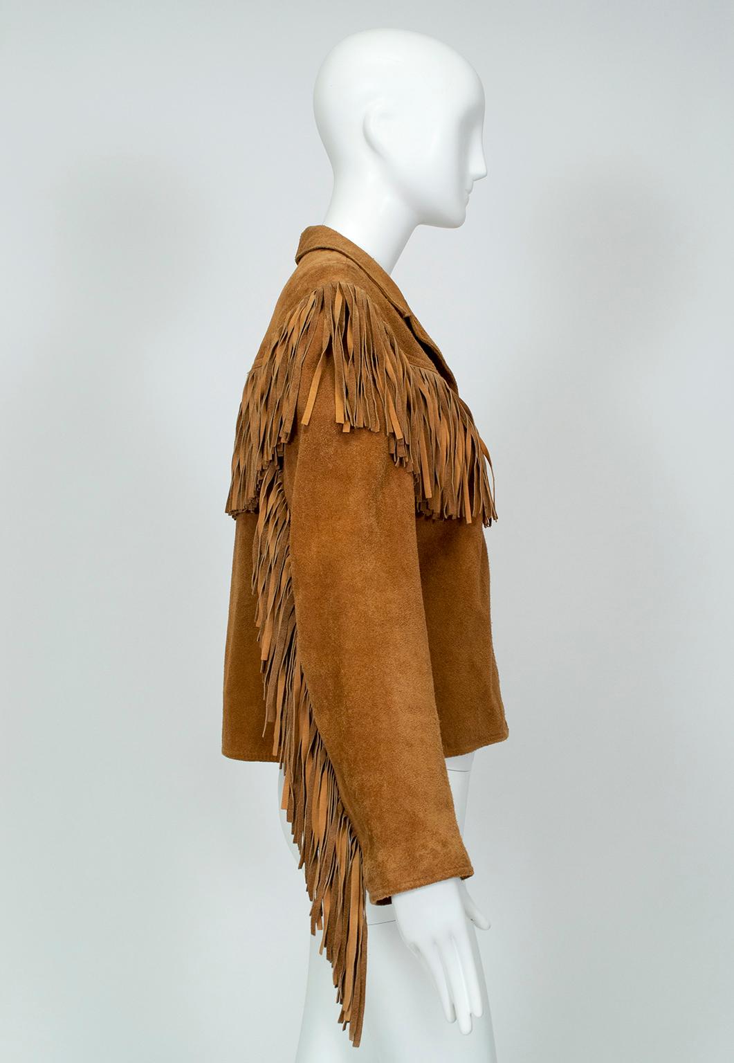 Dive head first into Western Americana with an iconic fringed suede cowboy shirt jacket. A little leaner and lighter than traditional outerwear, this piece is supple enough to be worn tucked in or or left out 