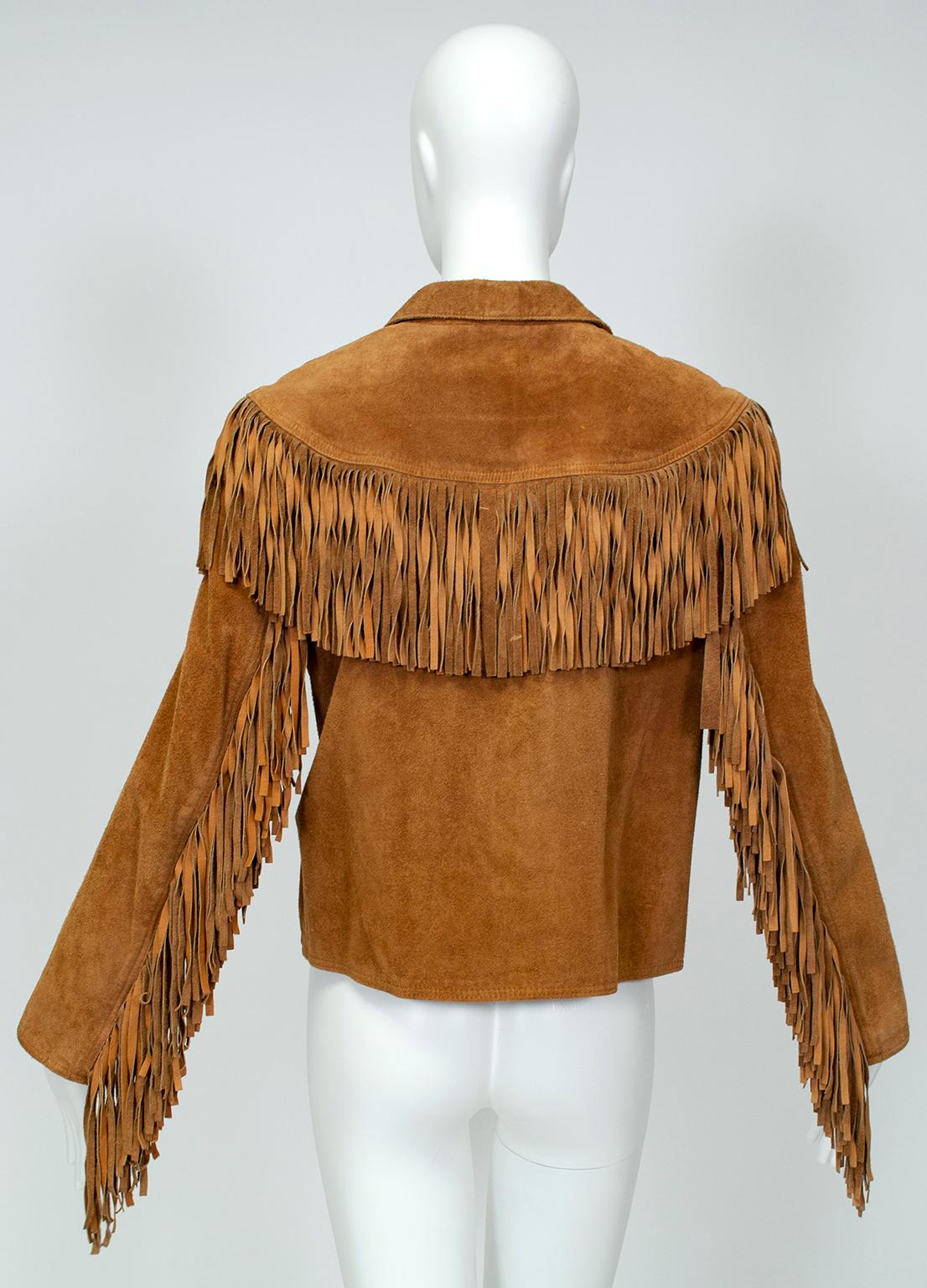 Brown Anne Klein Cinnamon Suede Fringed Western Shirt Jacket – S-M, 1970s