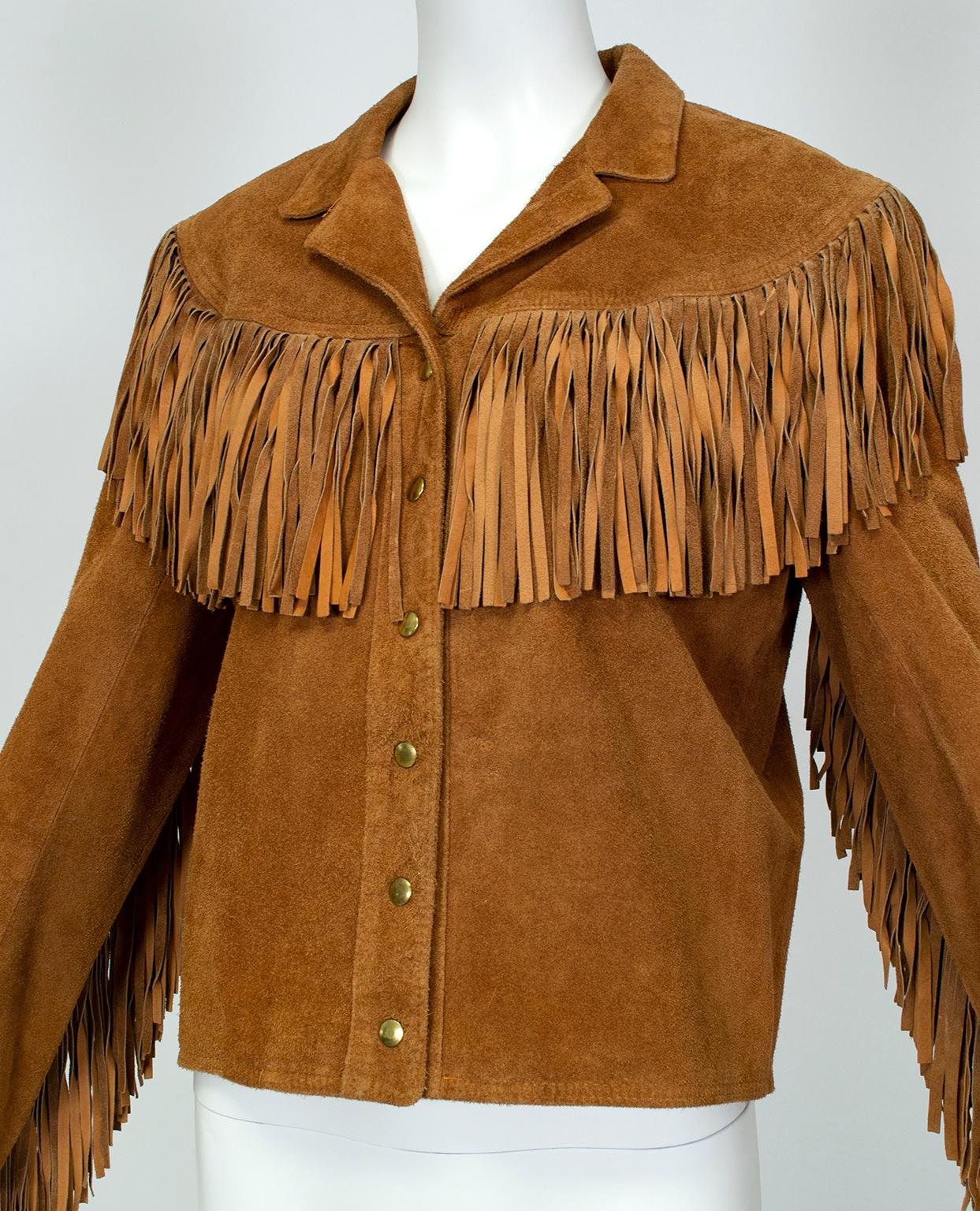 Anne Klein Cinnamon Suede Fringed Western Shirt Jacket – S-M, 1970s In Excellent Condition In Tucson, AZ