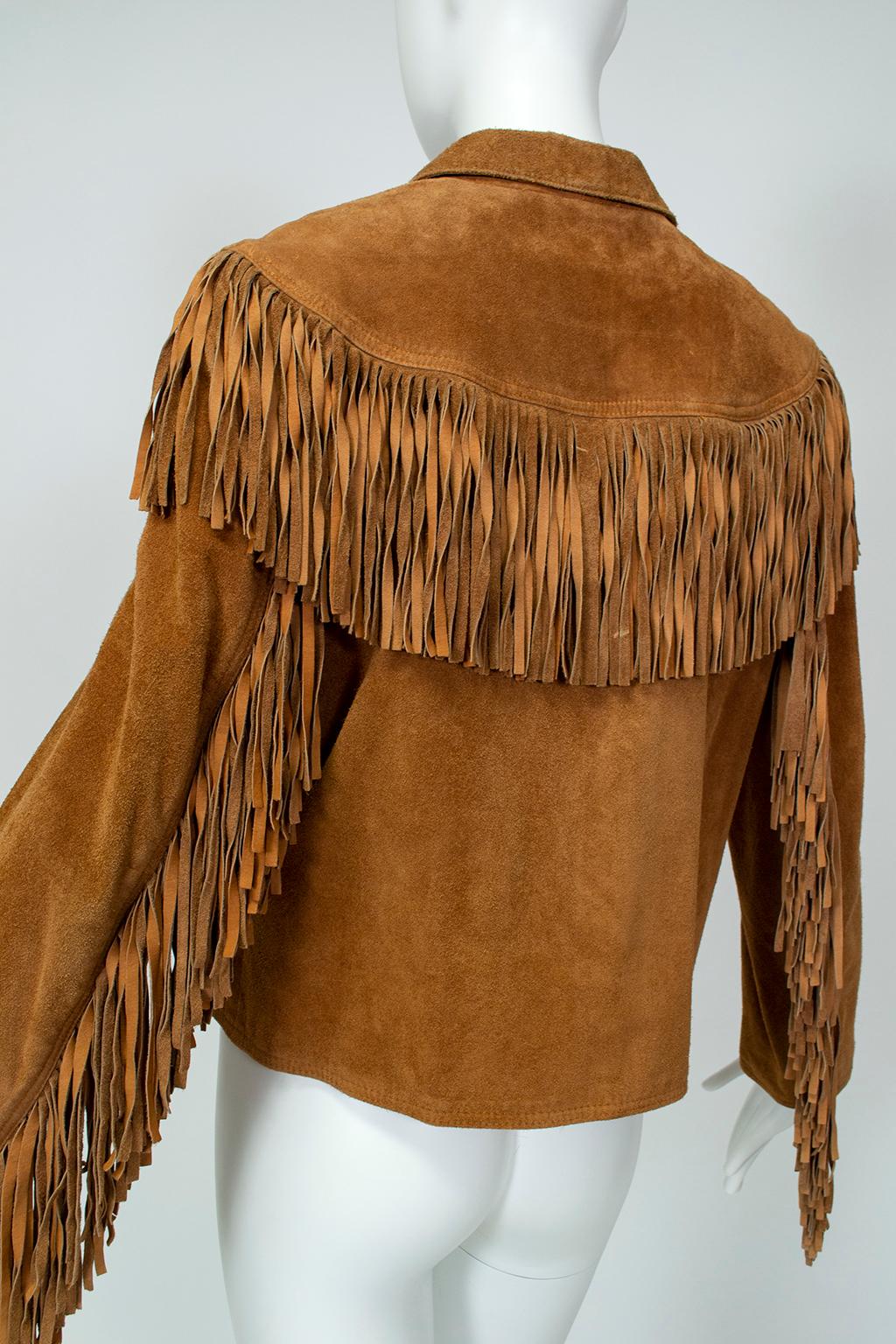 Women's Anne Klein Cinnamon Suede Fringed Western Shirt Jacket – S-M, 1970s