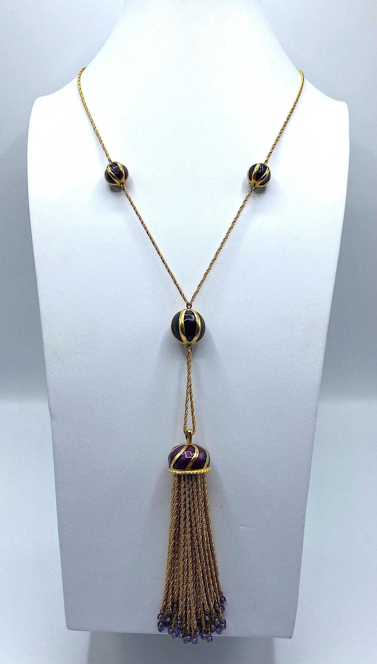 Art Deco Anne Klein Couture Purple Enamel & Gold Tassel Pendant Necklace