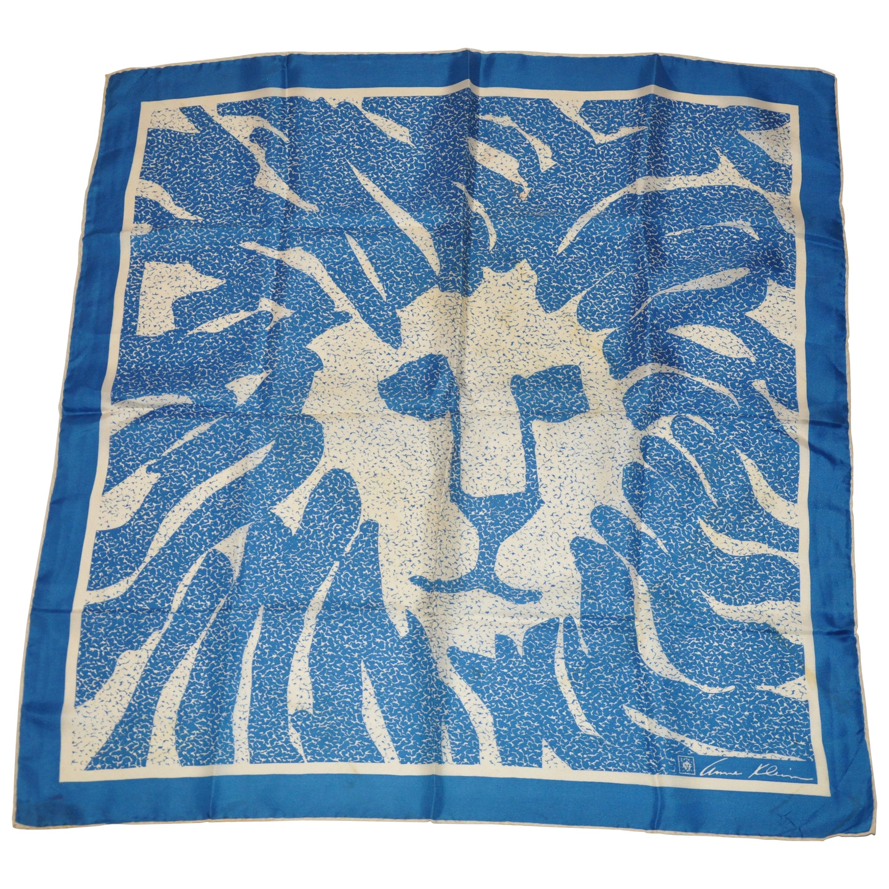 Anne Klein for Robinson & Golluber Lapis Blue & Ivory signature Logo Silk Scarf For Sale