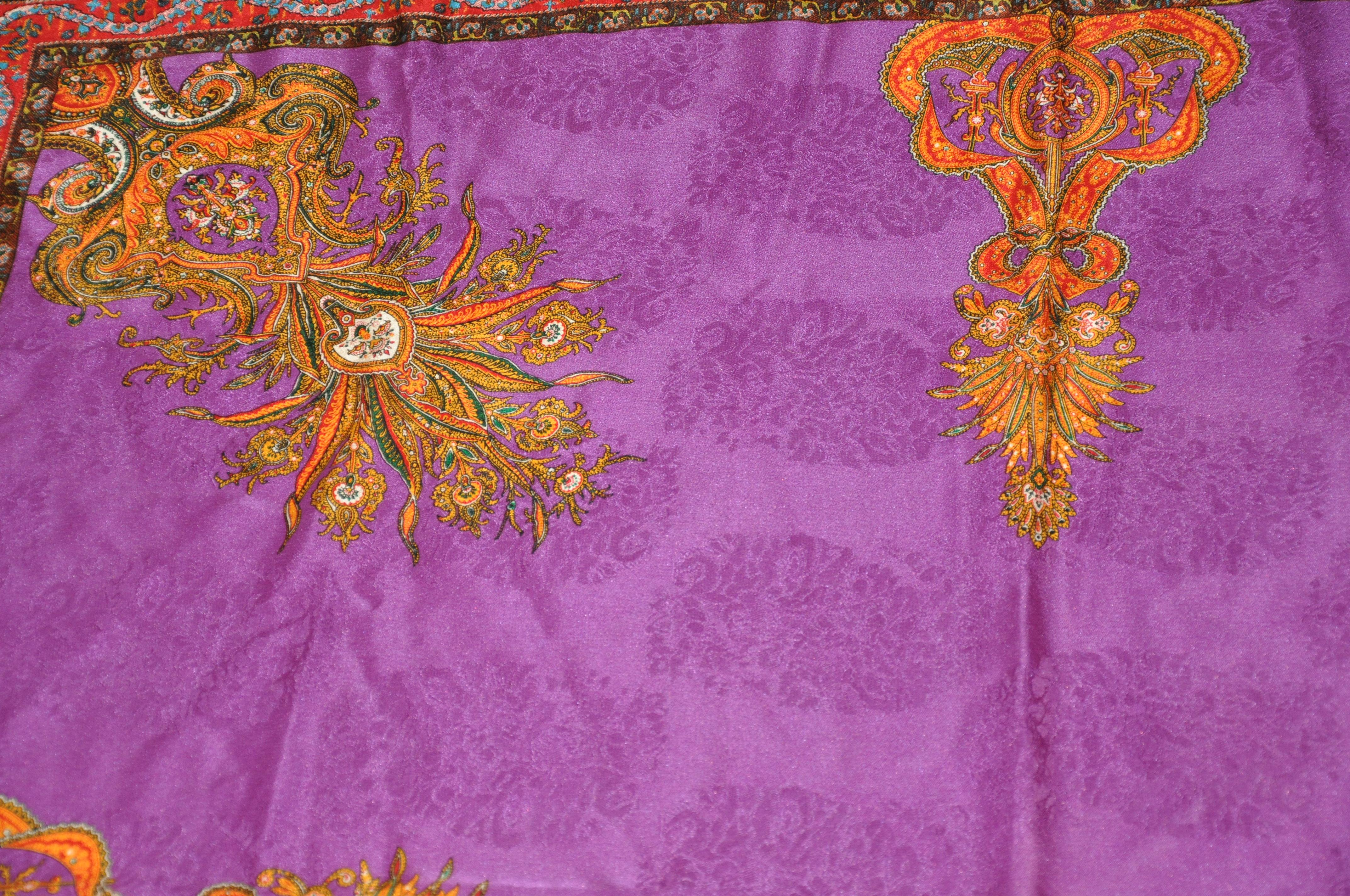 Anne Klein Glorious Rich Colorful Violet with Palsey Detailing Silk Scarf In Good Condition For Sale In New York, NY