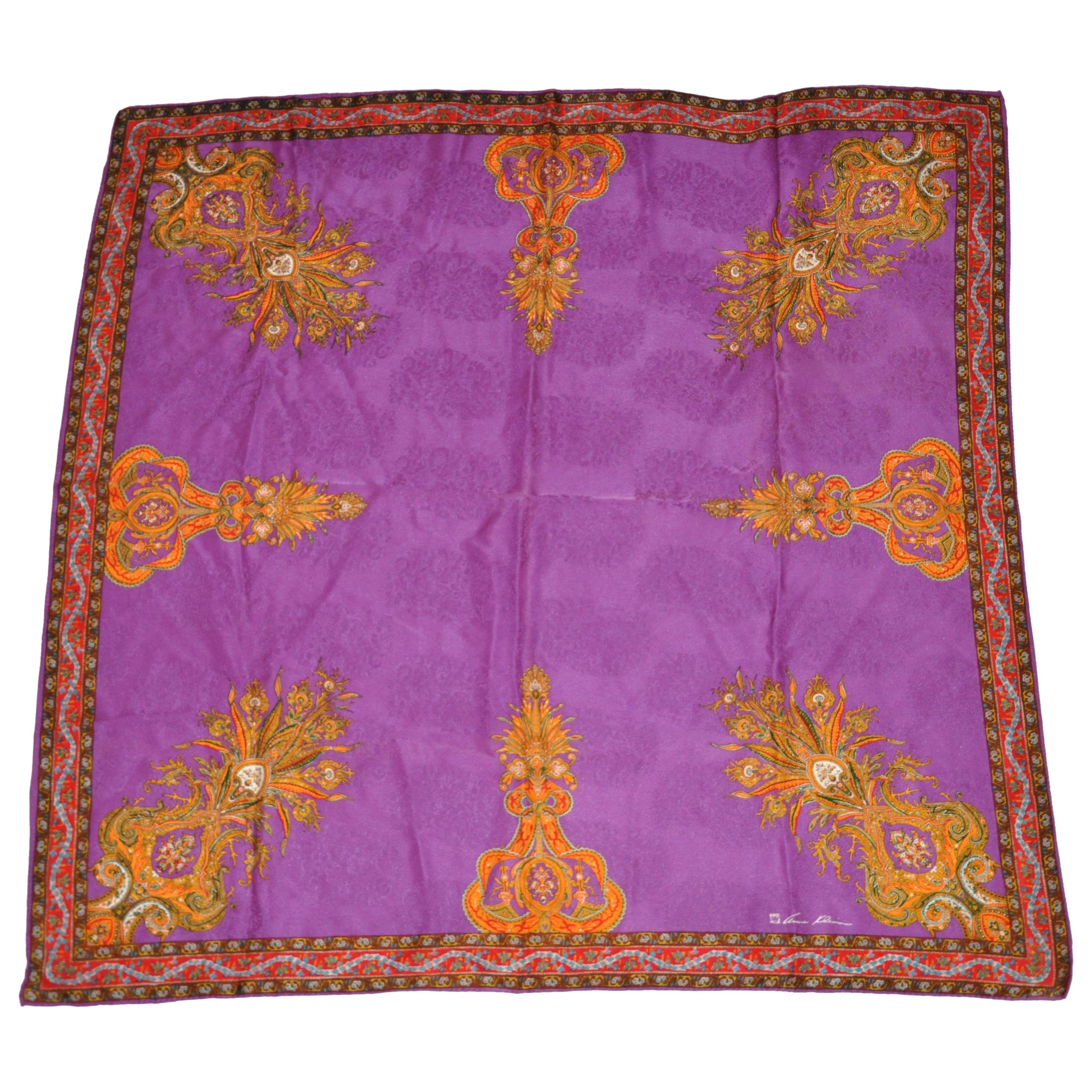 Anne Klein Glorious Rich Colorful Violet with Palsey Detailing Silk Scarf For Sale