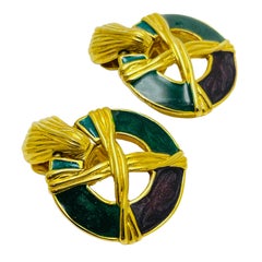 ANNE KLEIN gold enamel door knocker designer runway clip on earrings