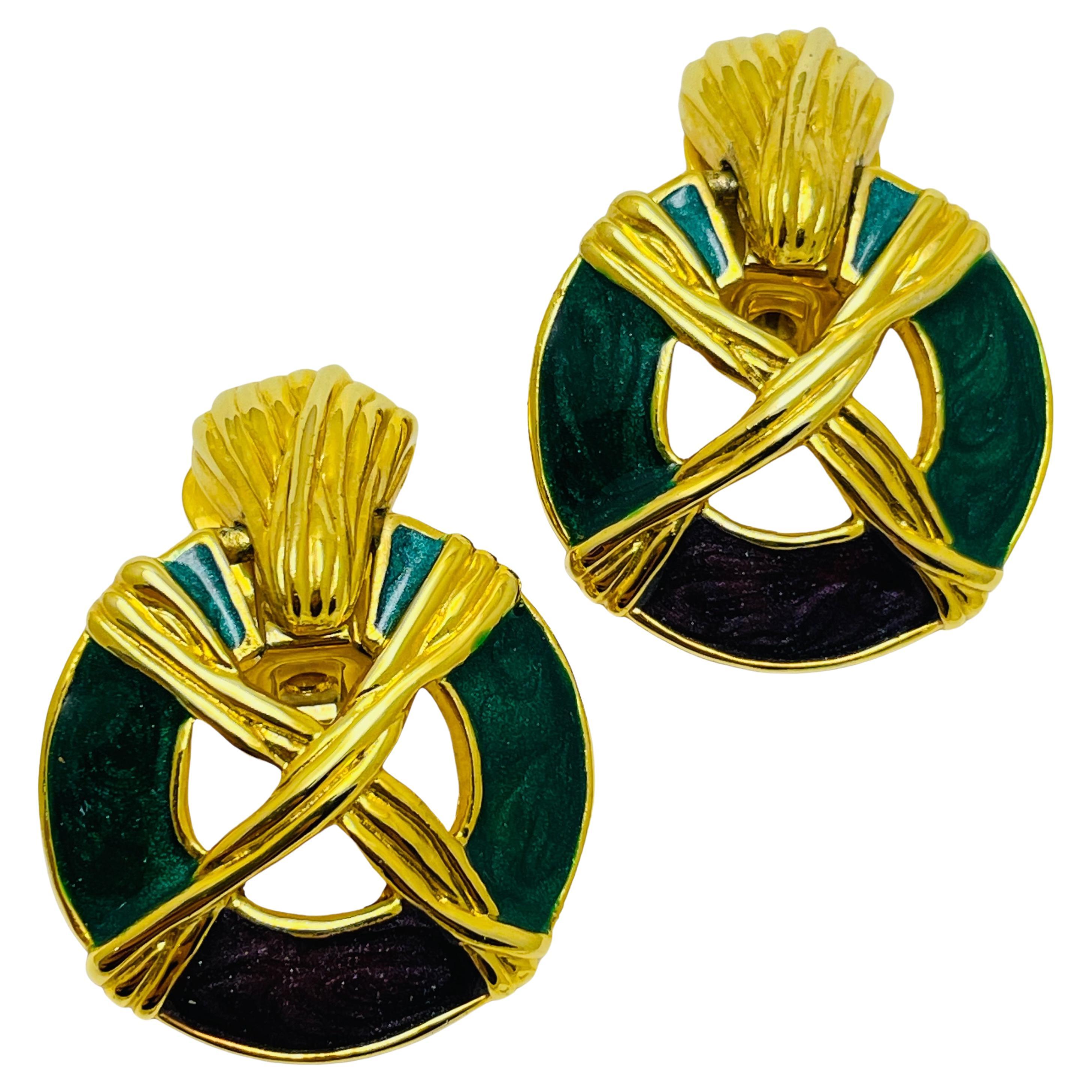 ANNE KLEIN gold enamel door knocker designer runway clip on earrings For Sale