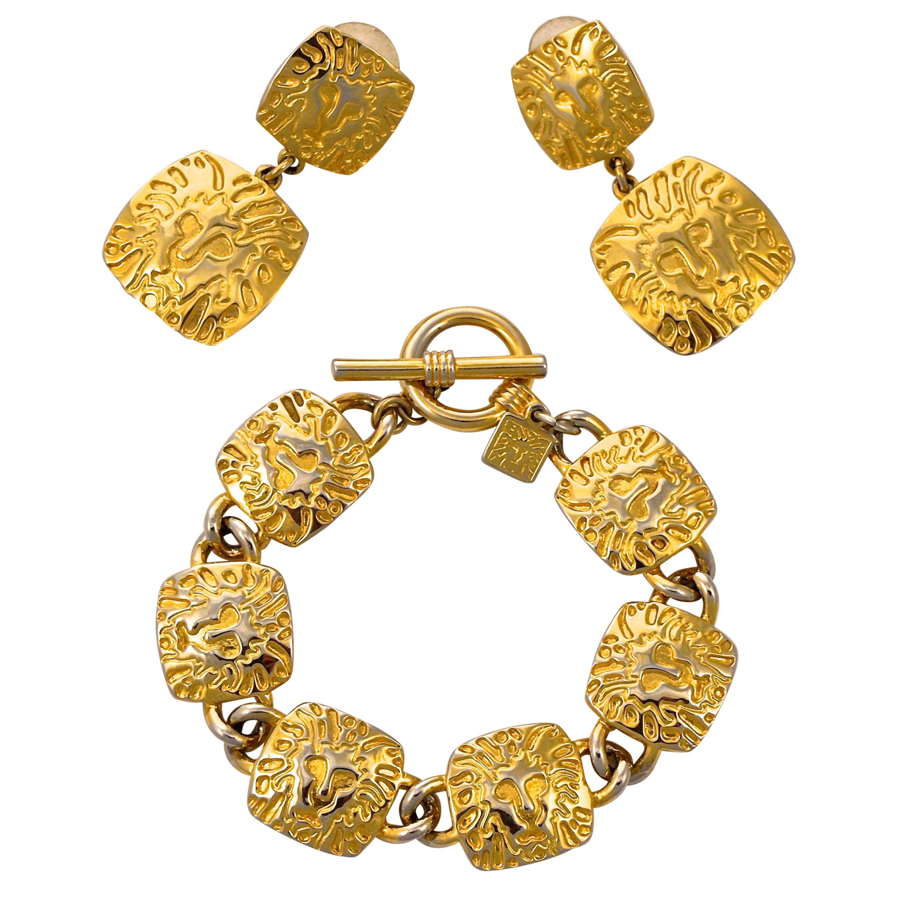 Anne Klein Gold Plated Lion Link Bracelet and Lion Drop Earrings Set circa 1980s