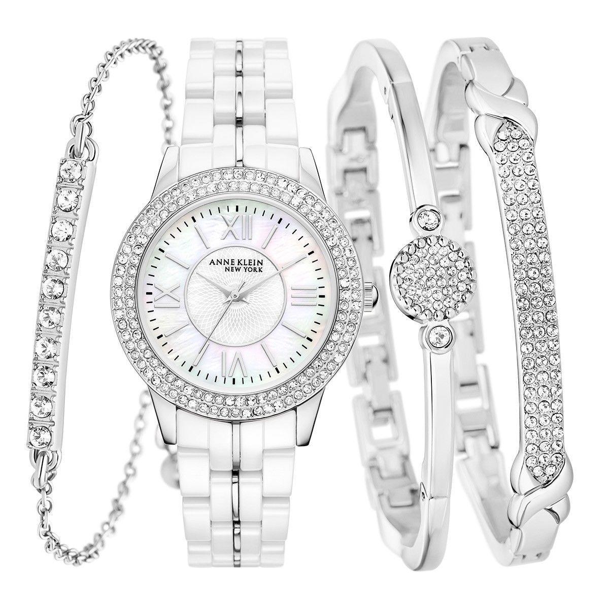 Women's Anne Klein New York 12/2299SVST Stainless Steel Ceramic Watch Bangle Set 2970U1