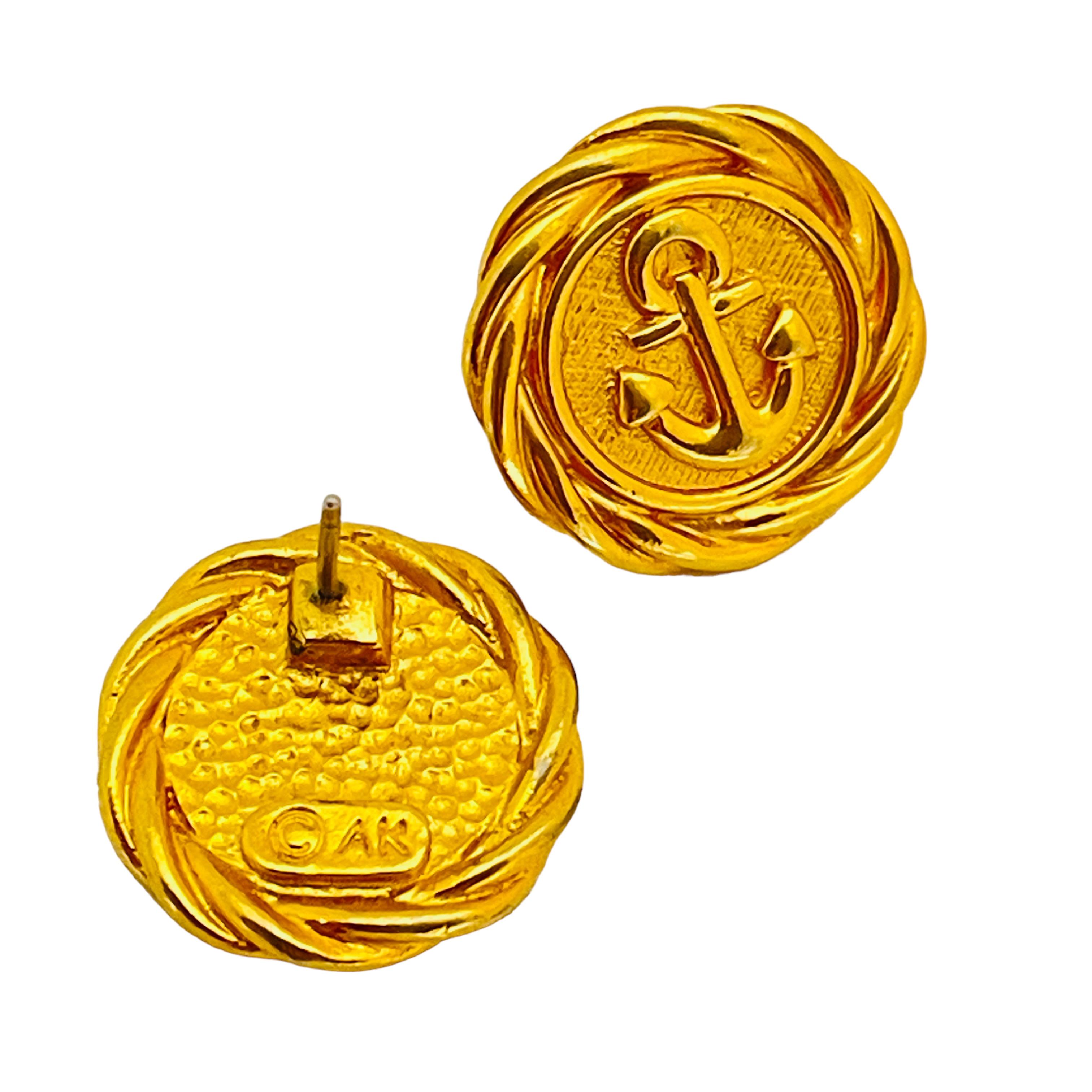 ANNE KLEIN signed AK gold nautical anchor designer runway earrings In Good Condition For Sale In Palos Hills, IL
