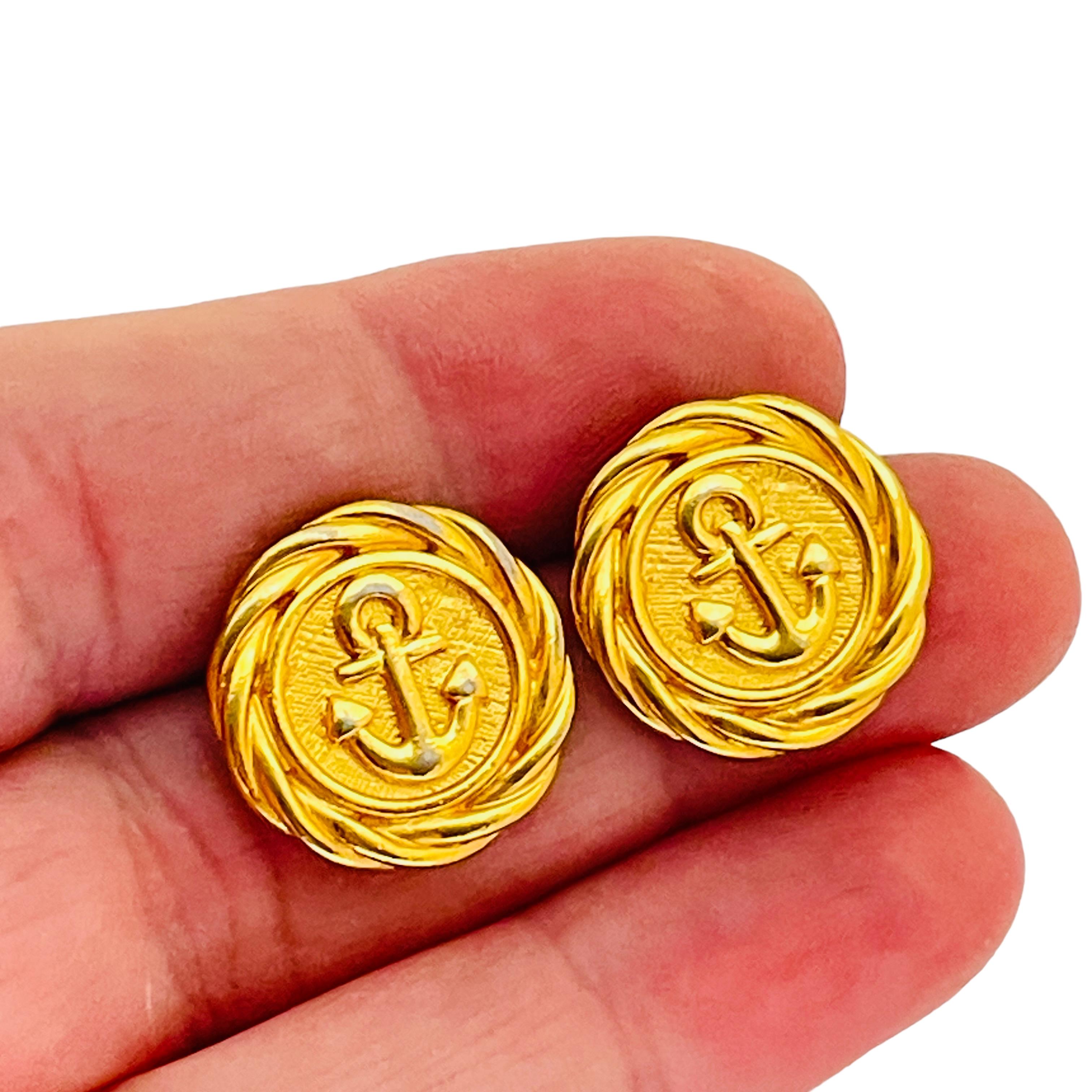 Women's ANNE KLEIN signed AK gold nautical anchor designer runway earrings For Sale