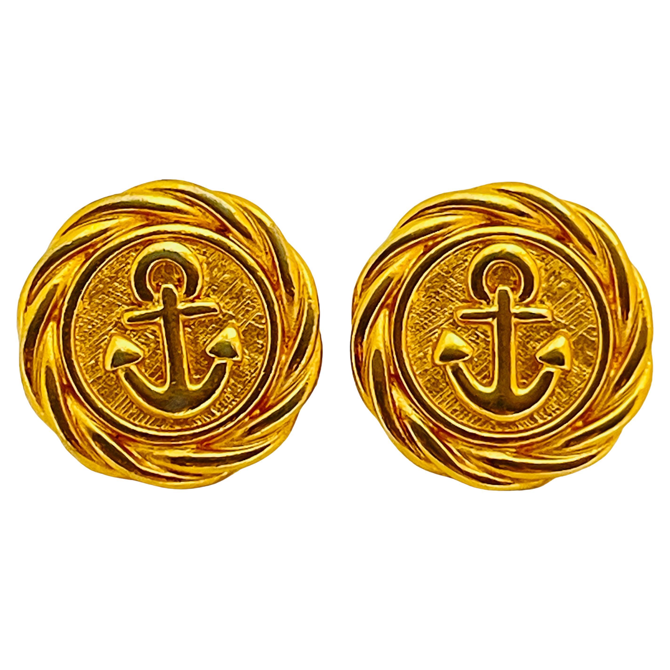 ANNE KLEIN signed AK gold nautical anchor designer runway earrings For Sale