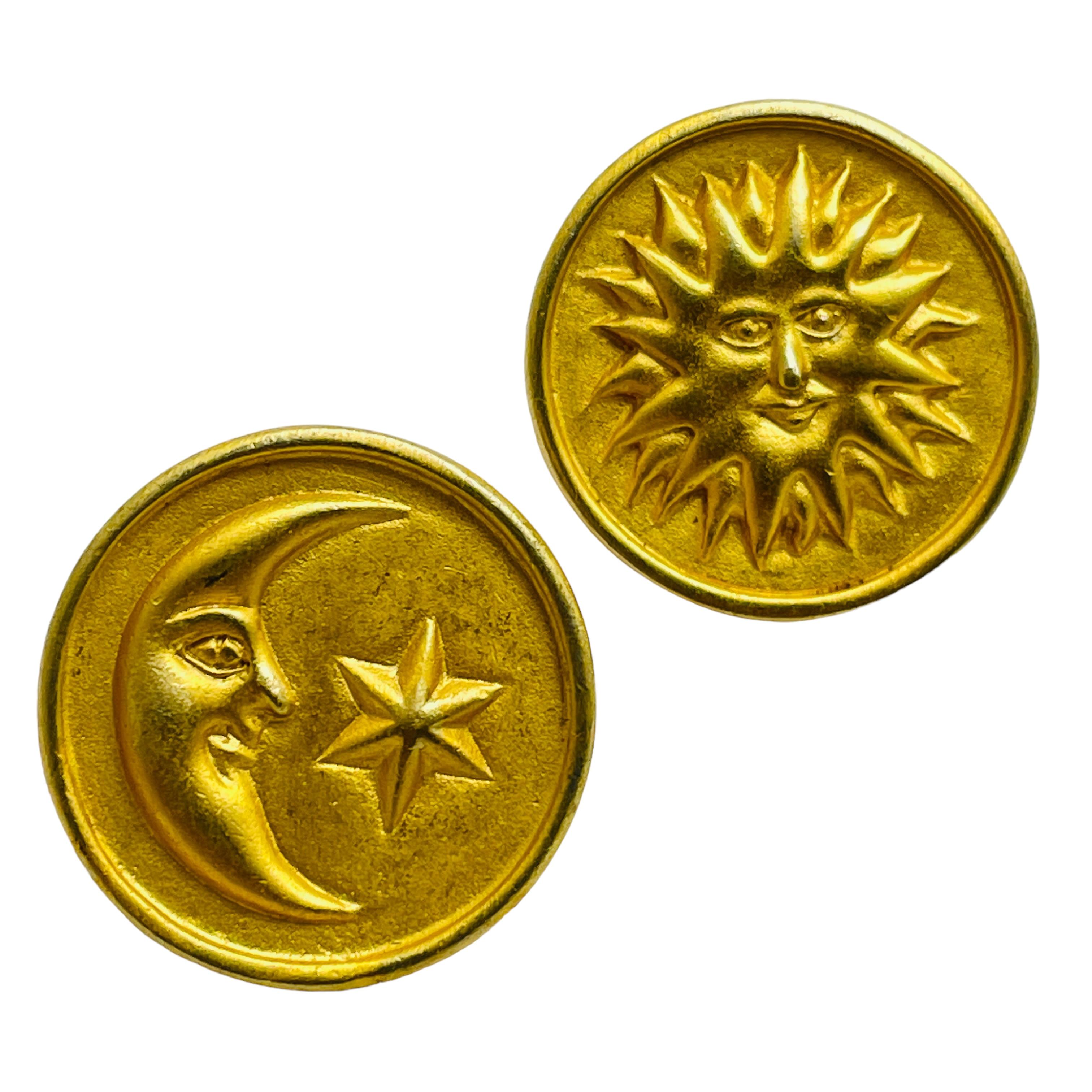 Women's ANNE KLEIN signed gold moon star sun unique designer runway pierced earrings For Sale