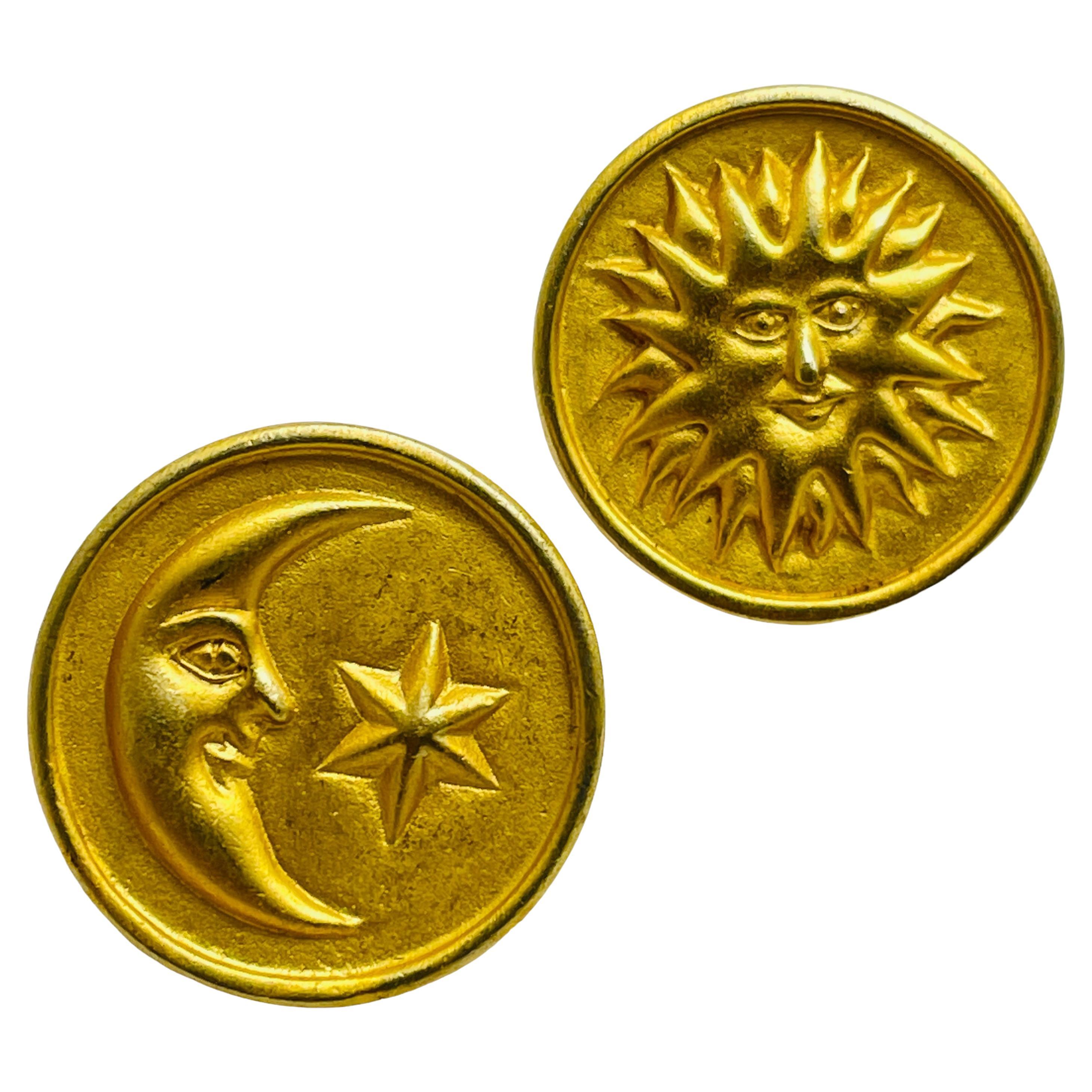 ANNE KLEIN signed gold moon star sun unique designer runway pierced earrings For Sale