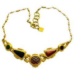 ANNE KLEIN signed vintage gold glass designer runway necklace 