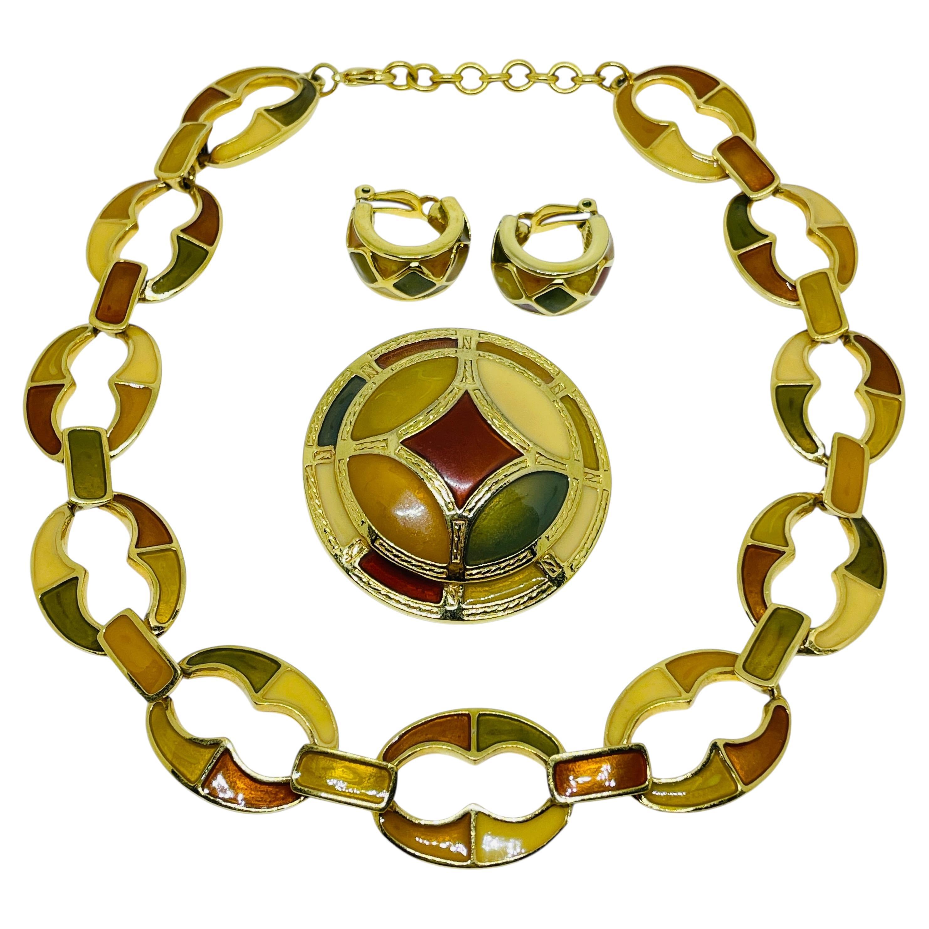 ANNE KLEIN signed vintage gold tone enamel designer necklace earrings brooch set For Sale