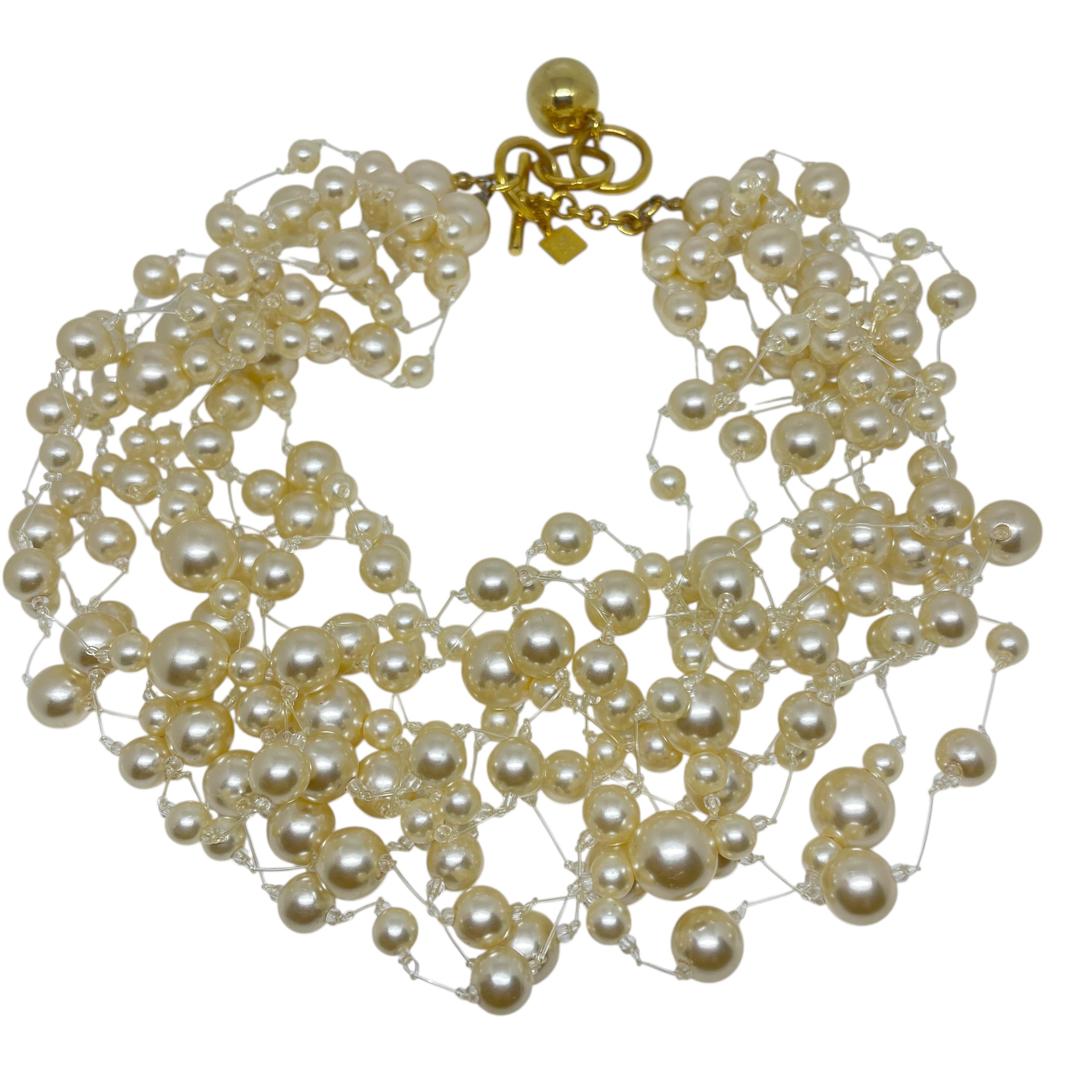 ANNE KLEIN signed vintage gold tone pearl multi strand designer necklace