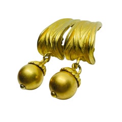ANNE KLEIN signed vintage matte gold drop ball designer clip on earrings
