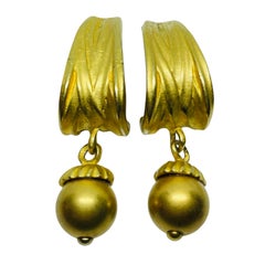 ANNE KLEIN signed vintage matte gold drop ball designer clip on earrings