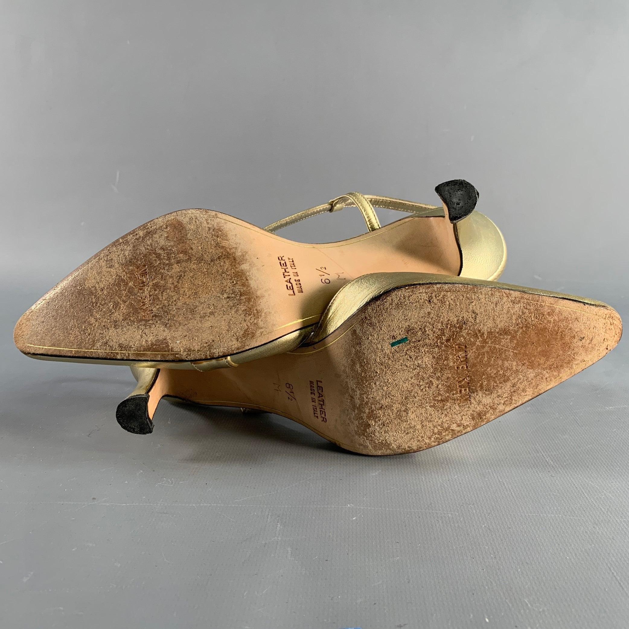ANNE KLEIN Size 6.5 Gold Leather Ankle Strap Pumps For Sale 1