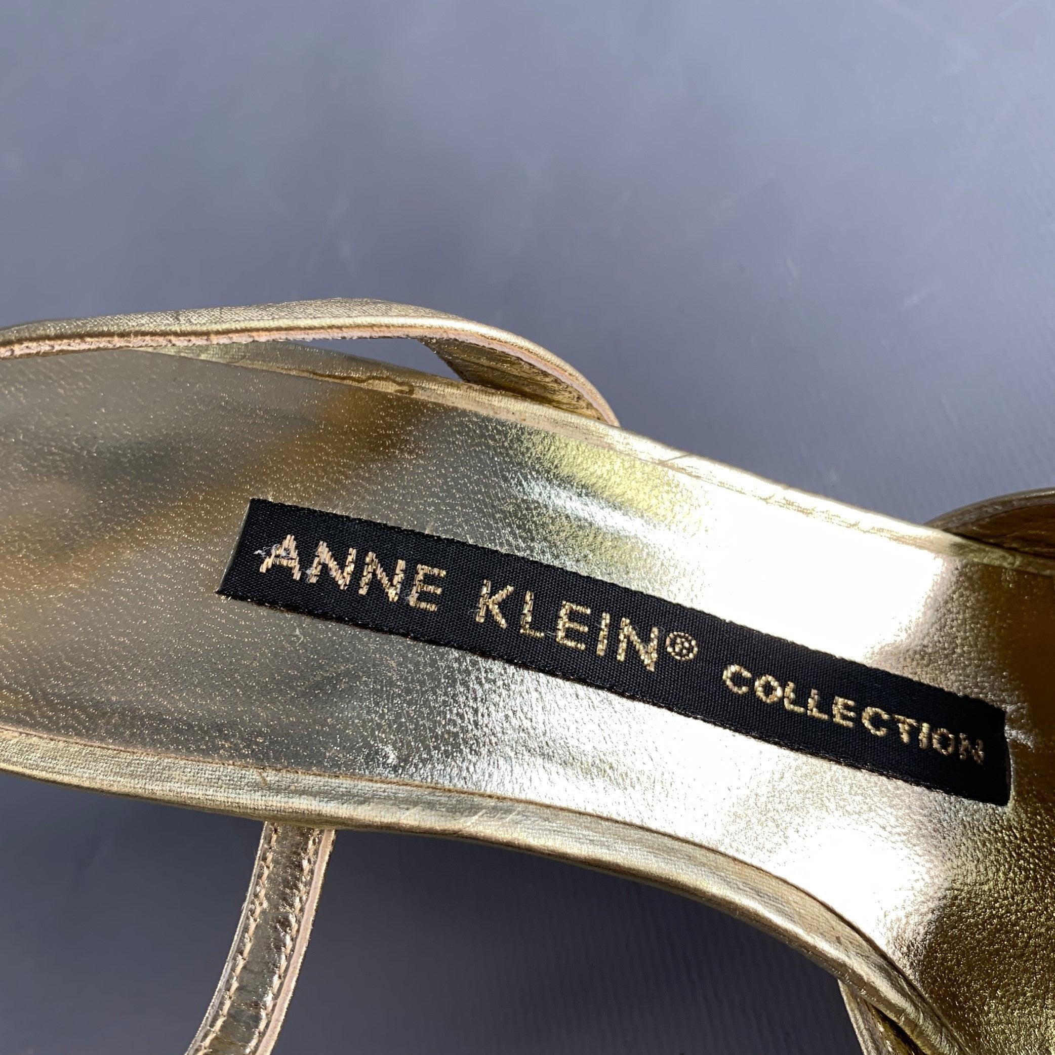 ANNE KLEIN Size 6.5 Gold Leather Ankle Strap Pumps For Sale 2