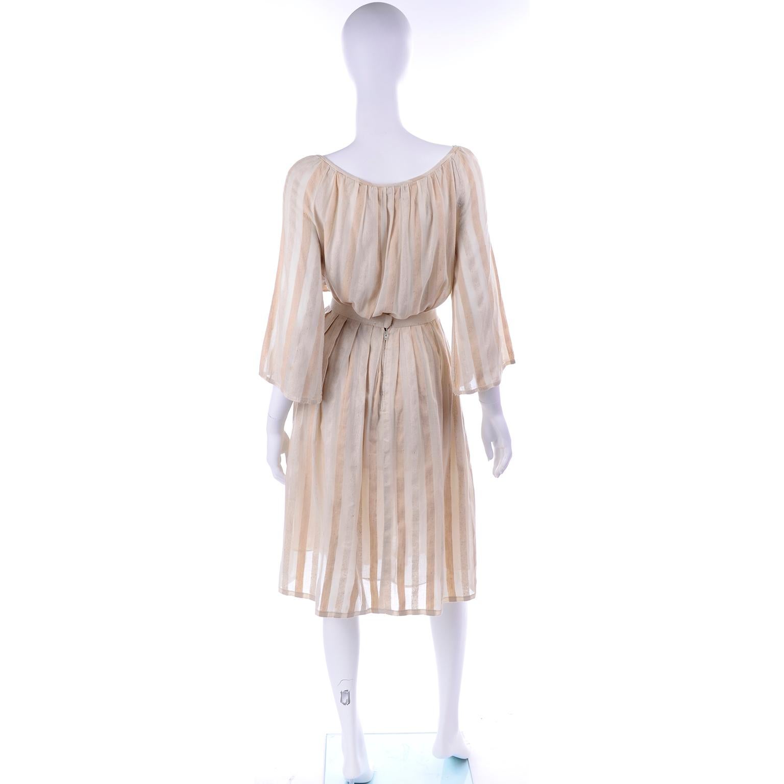 Beige Anne Klein Vintage 2 Pc Dress Skirt & Peasant Top in Natural Linen & Raw Silk For Sale