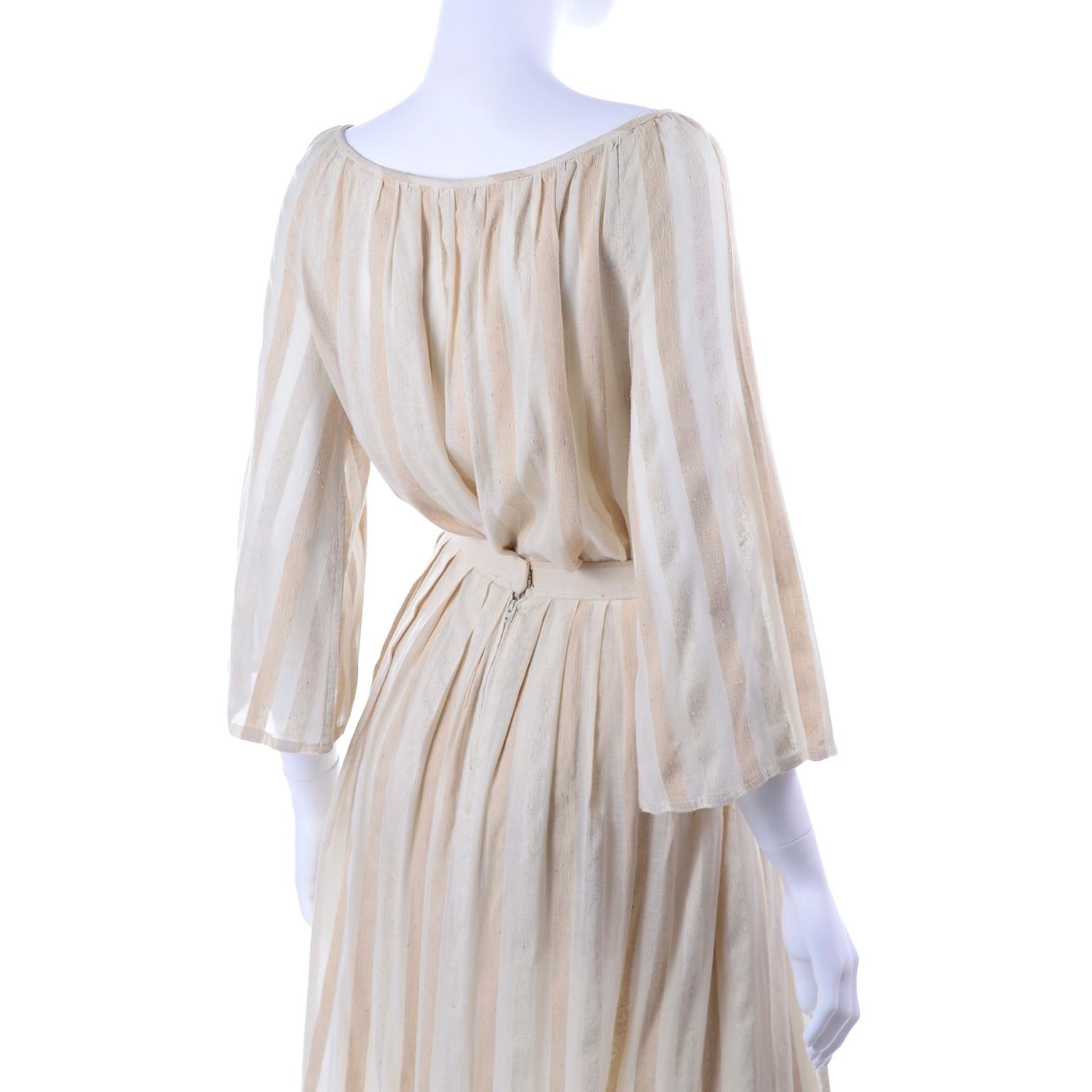 Women's Anne Klein Vintage 2 Pc Dress Skirt & Peasant Top in Natural Linen & Raw Silk For Sale