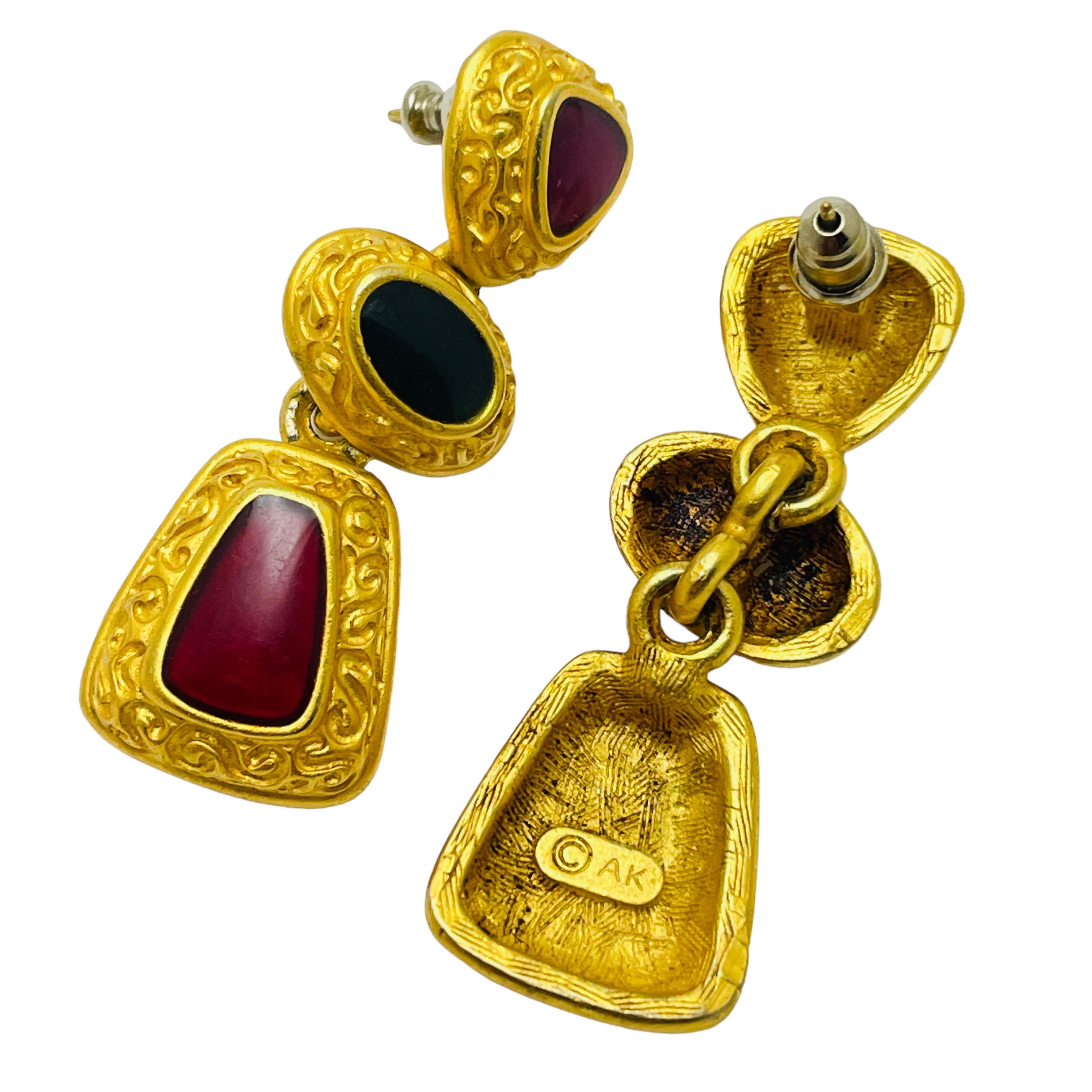 ANNE KLEIN vintage gold gripoix etruscan designer runway dangle earrings In Good Condition For Sale In Palos Hills, IL