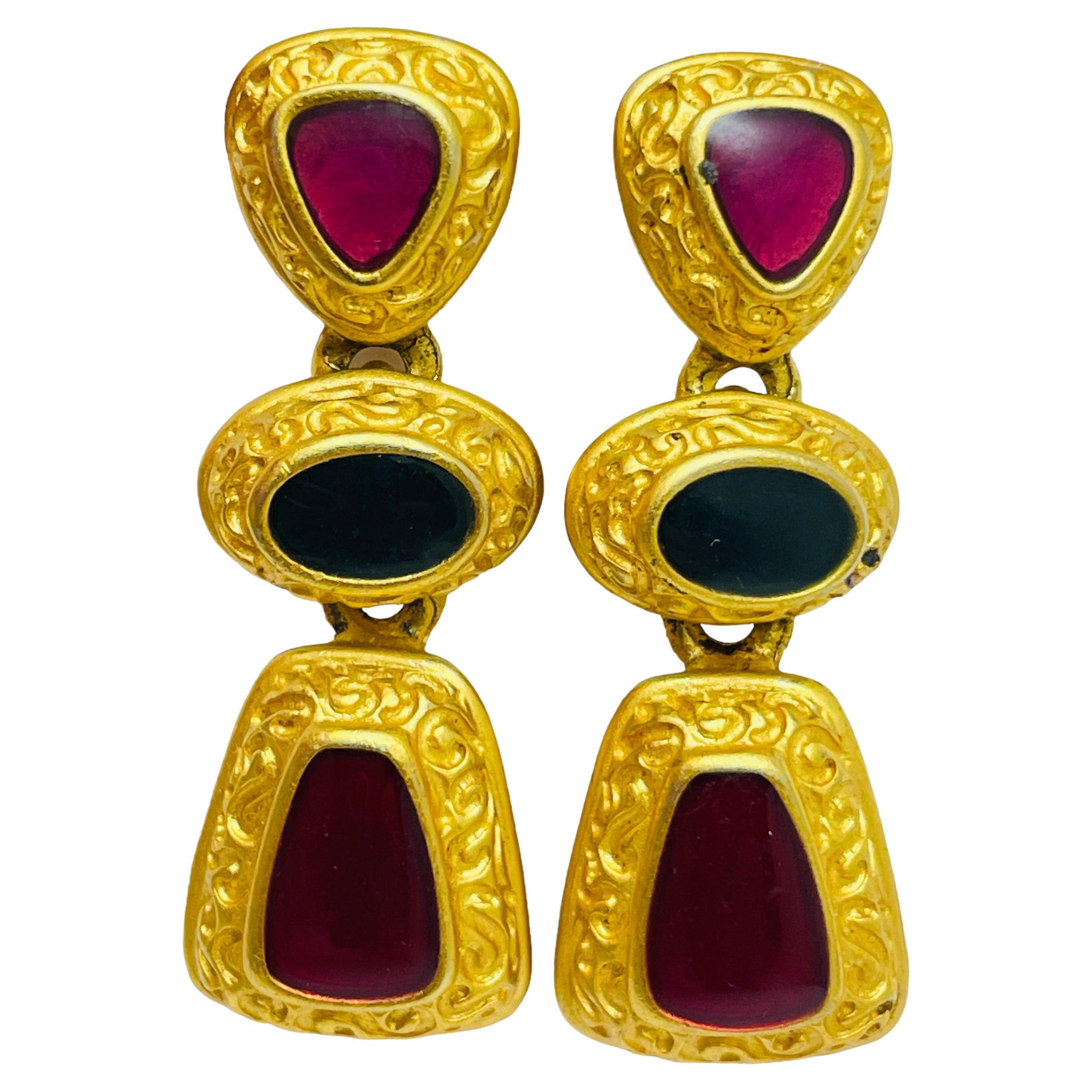 ANNE KLEIN vintage gold gripoix etruscan designer runway dangle earrings For Sale
