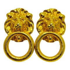 ANNE KLEIN vintage gold lions head door knocker designer earrings