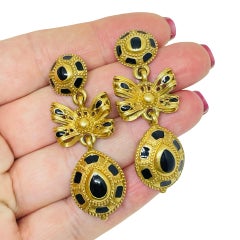 ANNE KLEIN vintage gold tone enamel bow designer dangle earrings