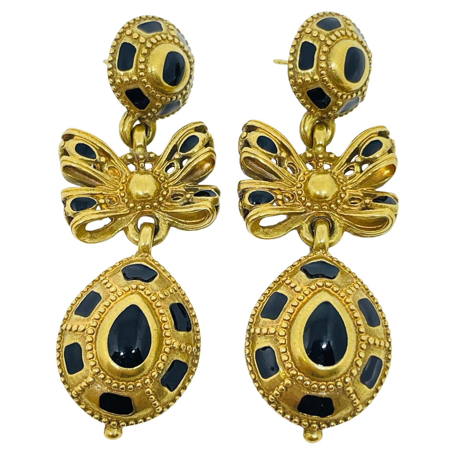 ANNE KLEIN vintage gold tone enamel bow designer dangle earrings For Sale