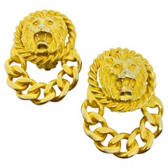 ANNE KLEIN vintage gold tone lions head door knocker designer clip on earrings