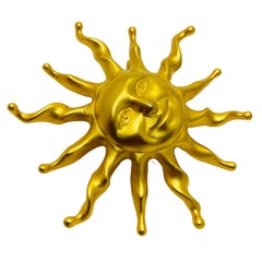 ANNE KLEIN vintage huge sun face matte gold designer brooch