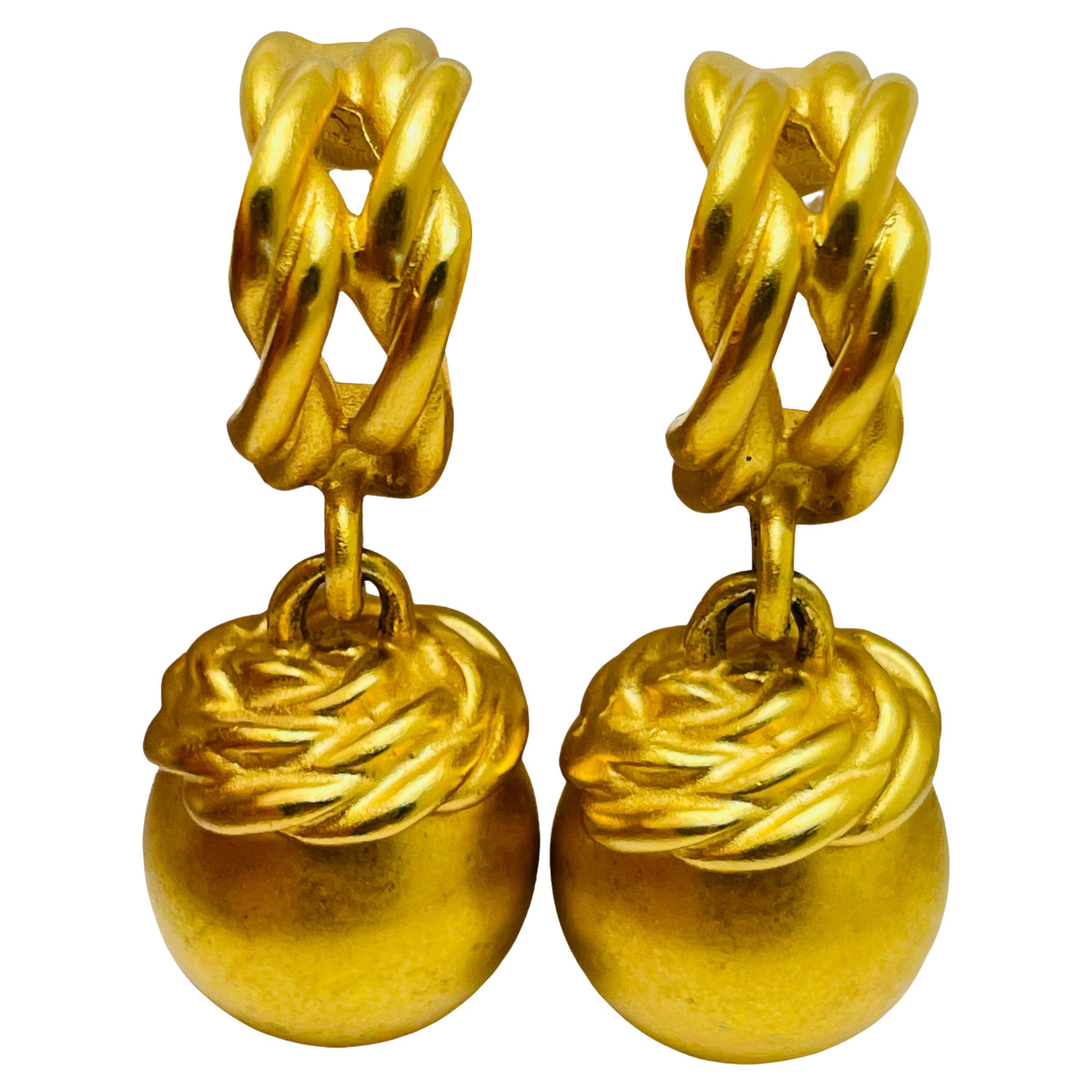 ANNE KLEIN vintage matte gold dangle ball designer runway earrings For Sale