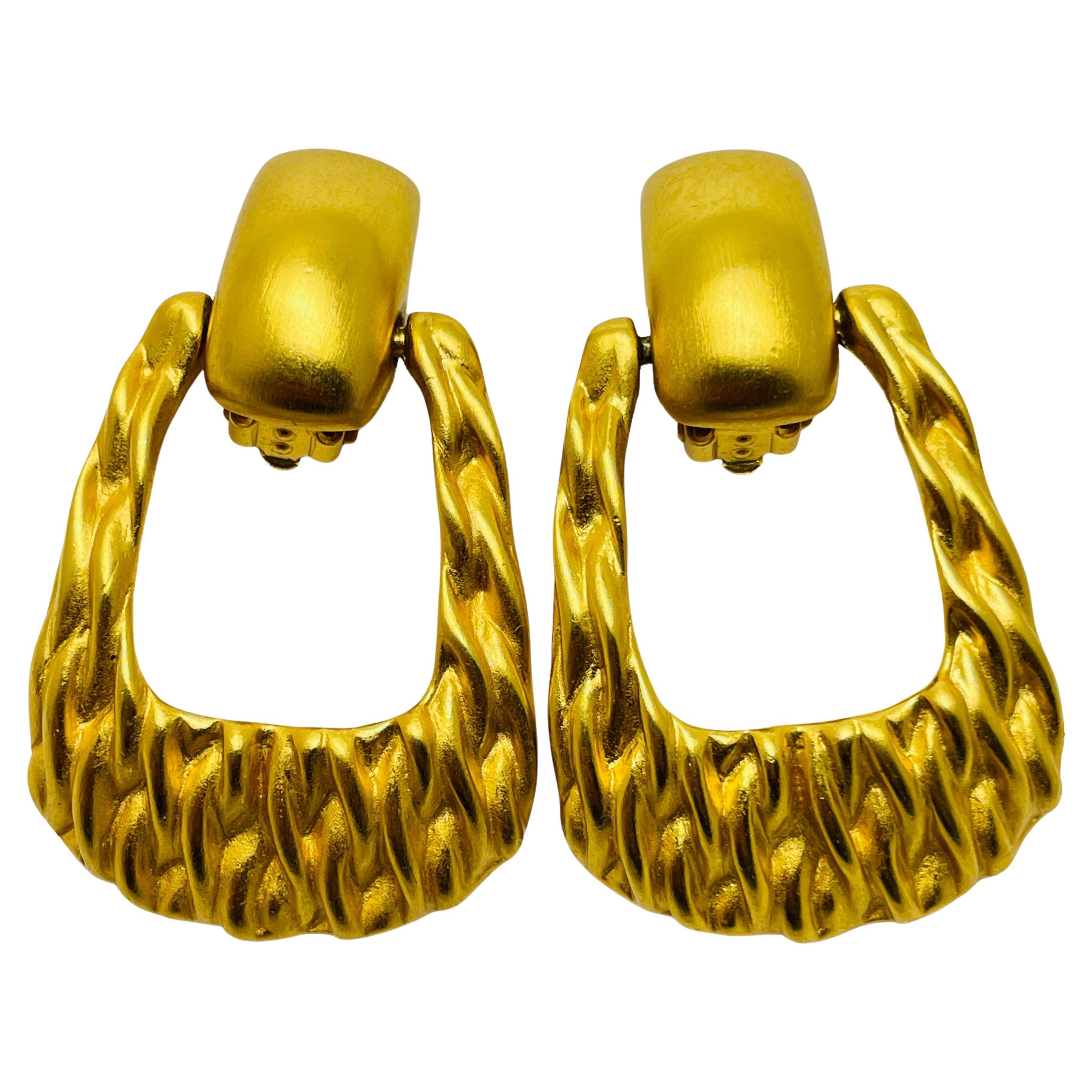 ANNE KLEIN vintage matte gold door knocker modernist designer runway earrings